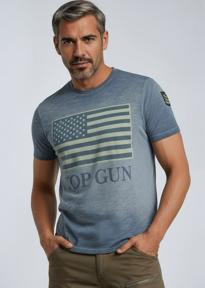 Wirvelvind Rundhalsad bomulls-T-shirt "US vintage Flag" Blå