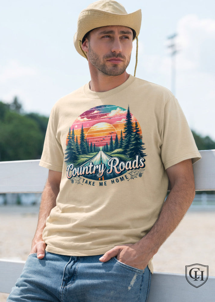 Cottonhill Country Roads heavyweight graphic t-shirt in faded khaki with retro sunset forest highway design