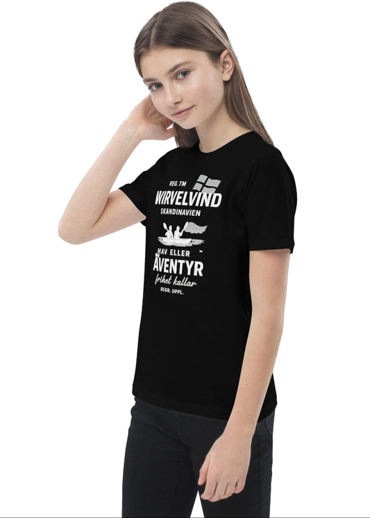 Svart ekologisk barn-t-shirt med Wirvelvind Hav eller Äventyr-tryck, framifrån