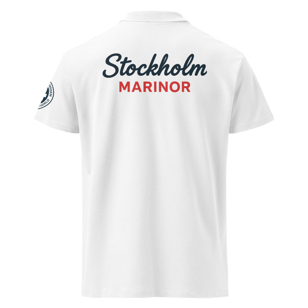 Vit herr poloshirt med Stockholm Mariner tryck på ryggen