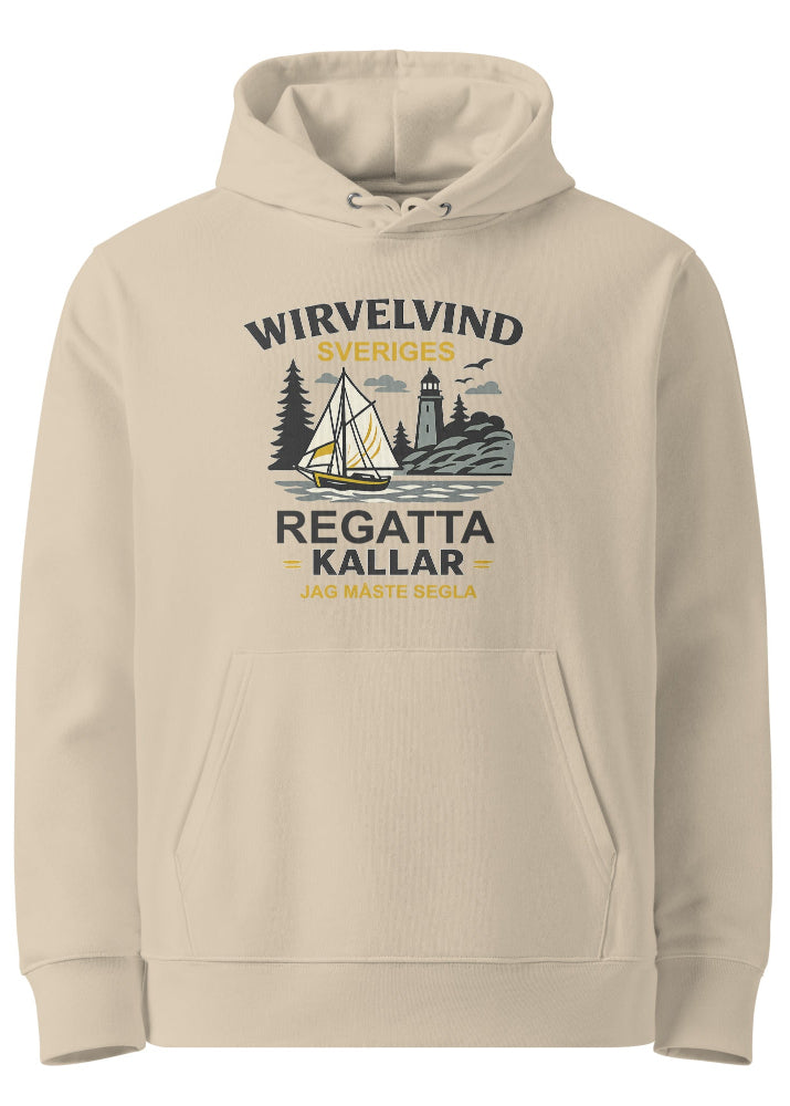 Beige ekologisk hoodie med Wirvelvind Båtkusten kallar-tryck, framifrån