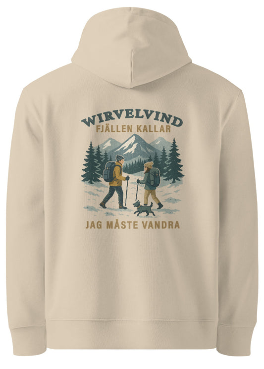 Ekologisk hoodie i Desert Dust med Wirvelvind-logotyp på bröstet