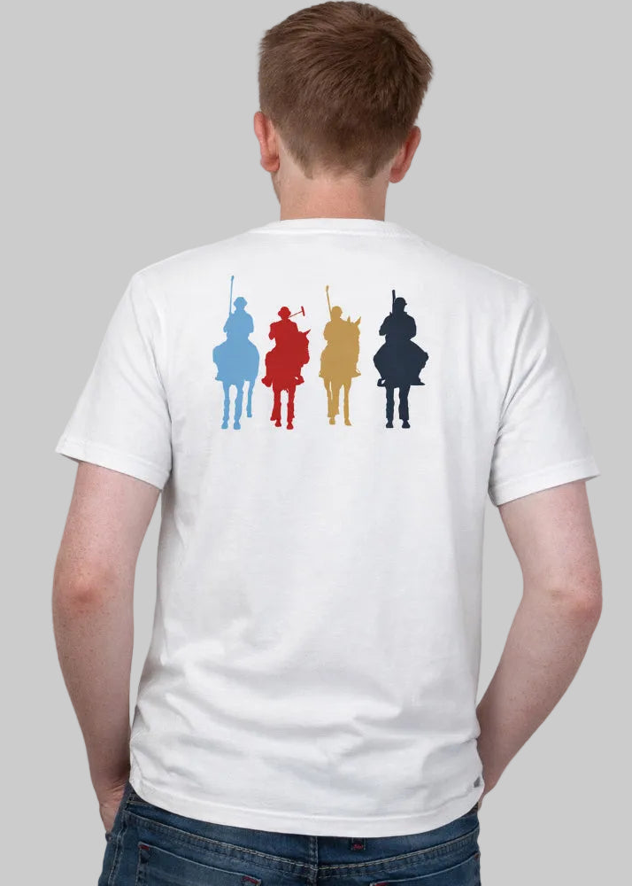 it herr t-shirt med tryck av fyra polospelare till häst på ryggen