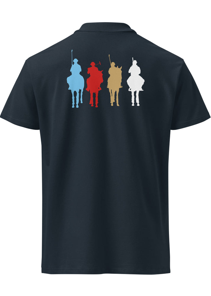 Marinblå piképolo med ryttartryck i fyra färger på ryggen
