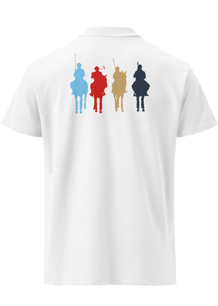 Vit pikétröja med ryggtryck av fyra polospelare till häst