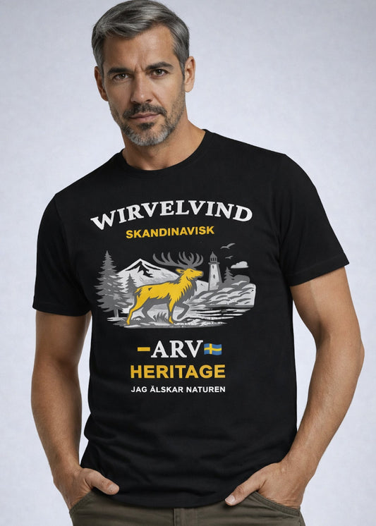Svart t-shirt med Wirvelvind Nature Heritage-tryck-model
