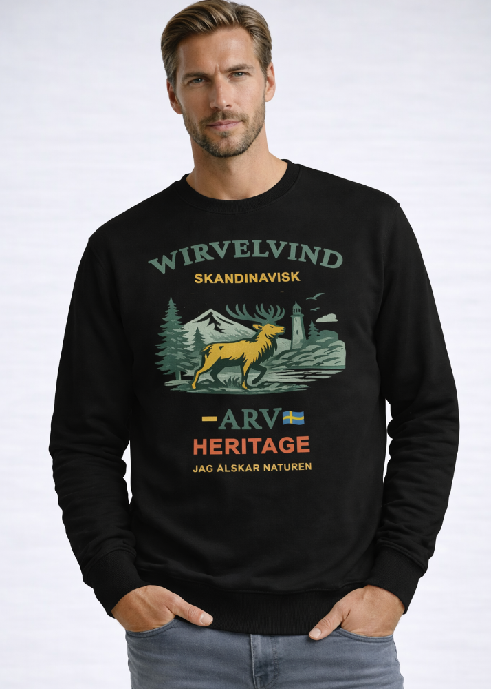 Skandinavisk arv – Sweatshirt svart med nordiskt tryck | Wirvelvind