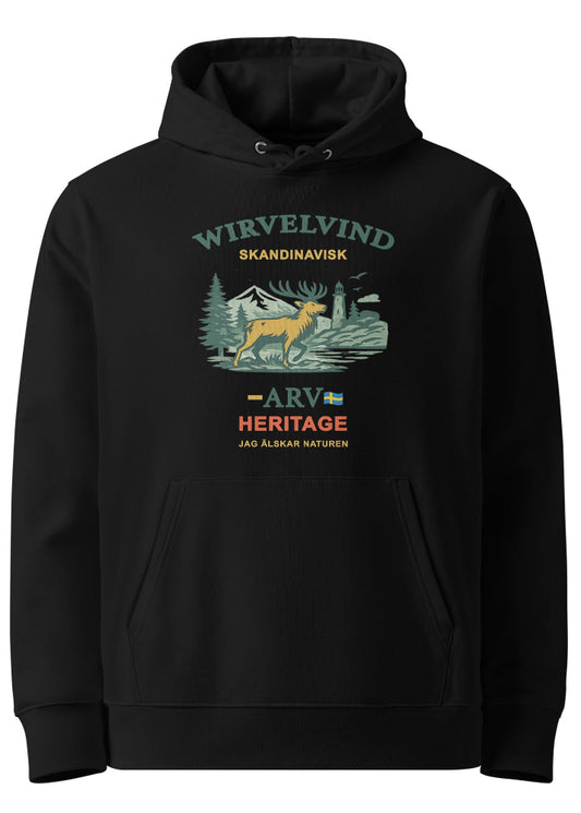 Svart ekologisk hoodie med Wirvelvind Skandinavisk
