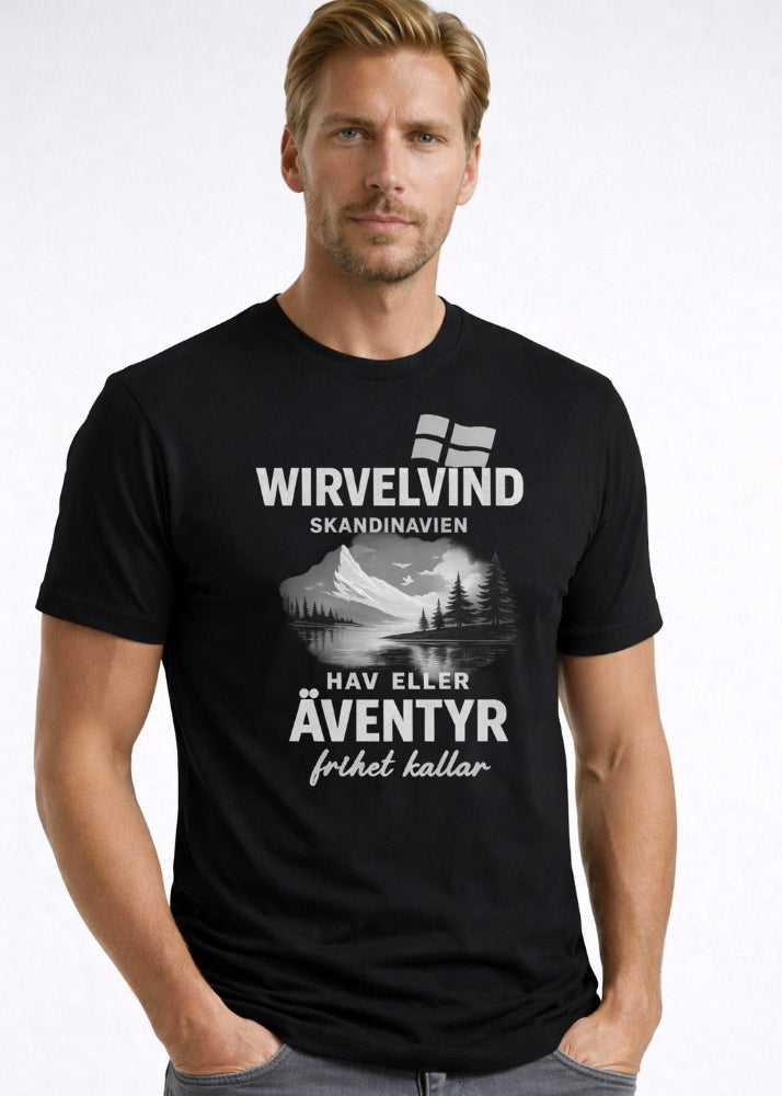 Svart herr-t-shirt med Wirvelvind Skandinavien äventyrsdesign