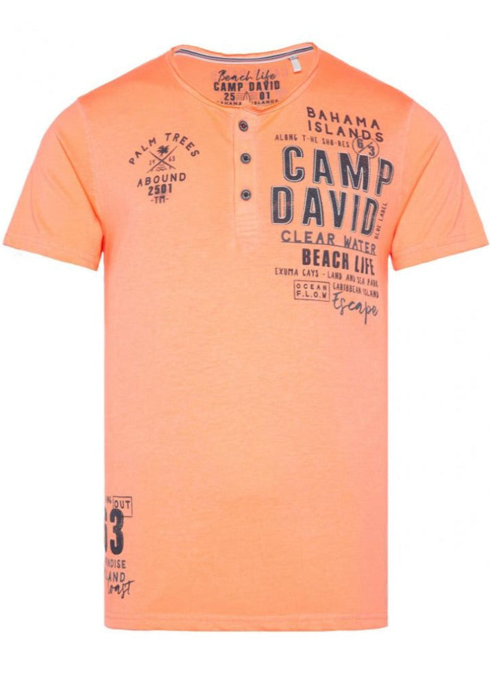 Wirvelvind T-shirt Henley, rund hals med knappar, "Beach Life", Sunset Neon