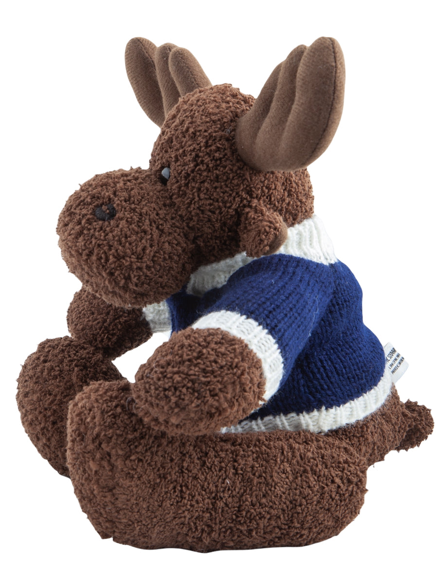 Älg mjukisdjur 19 cm i brun plysch – sidovy med broderade detaljer.