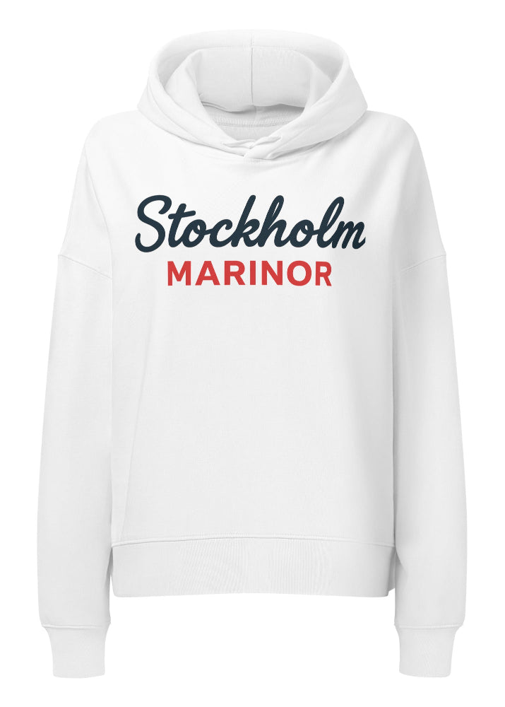 Ekologisk vit hoodie för dam med Stockholm Marinor-print från Anne Hill