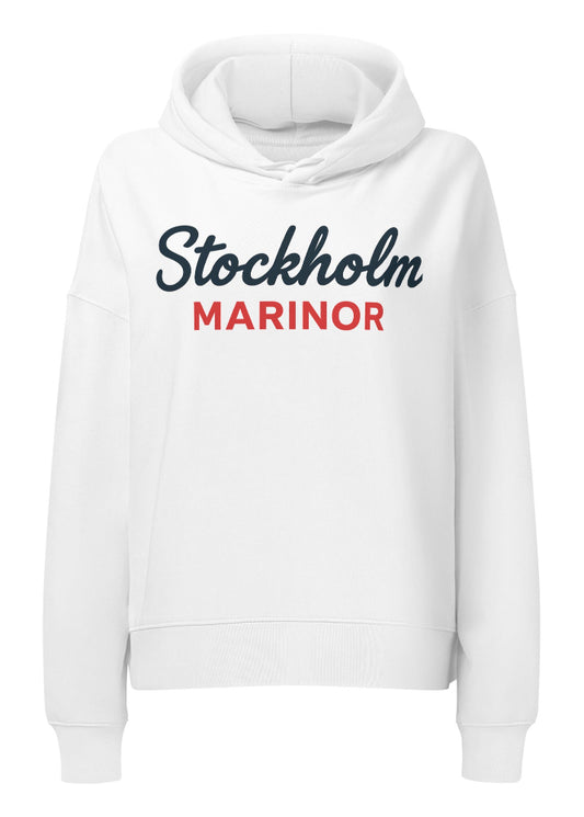 Ekologisk vit hoodie för dam med Stockholm Marinor-print från Anne Hill