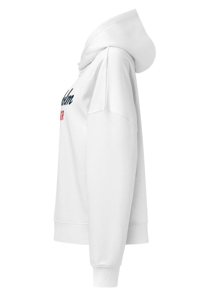 Ekologisk vit hoodie för dam med Stockholm Marinor-print från Anne Hill