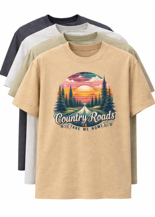 Cottonhill Country Roads heavyweight graphic t-shirt in faded black with retro sunset forest highway design