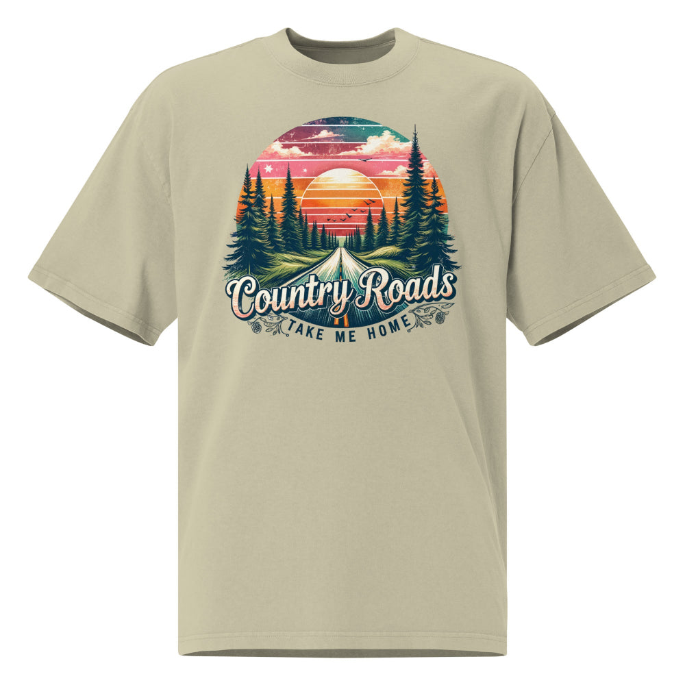 Cottonhill Country Roads heavyweight graphic t-shirt in faded eucalyptus with retro sunset forest highway design