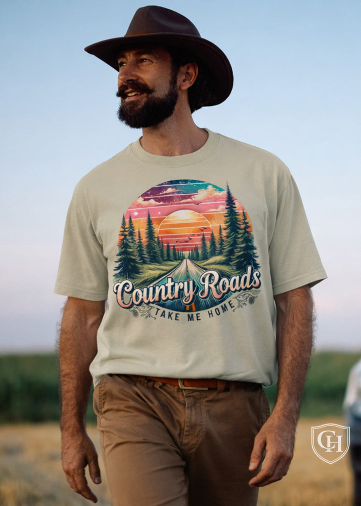 Cottonhill Country Roads heavyweight graphic t-shirt in faded eucalyptus with retro sunset forest highway design