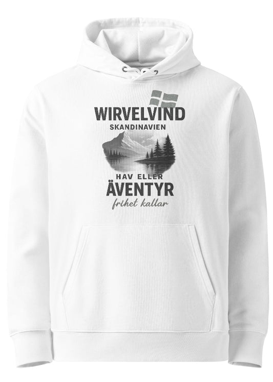 Vit ekologisk hoodie med Wirvelvind Skandinavien äventyrsdesign