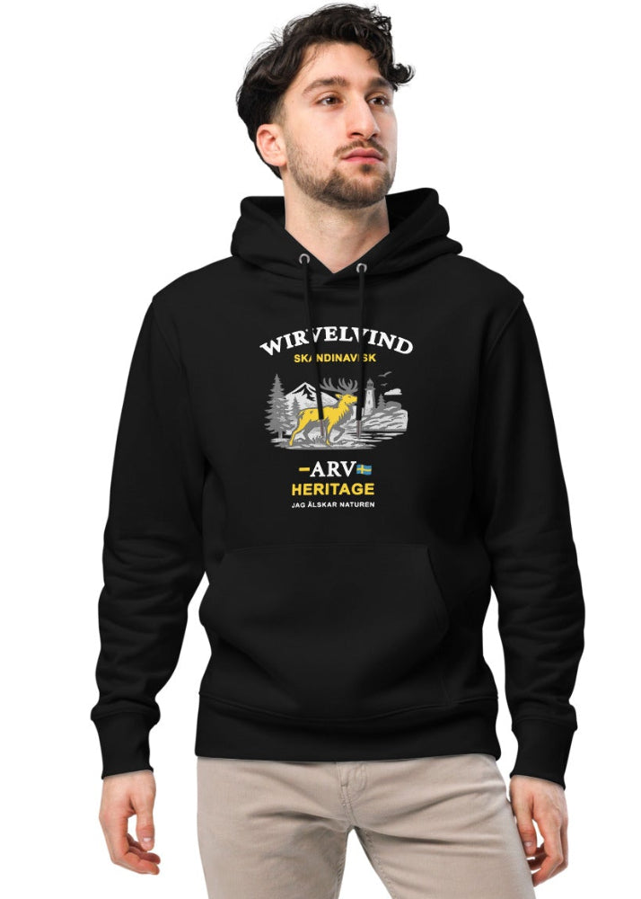 Svart ekologisk hoodie med Wirvelvind Skandinavisk