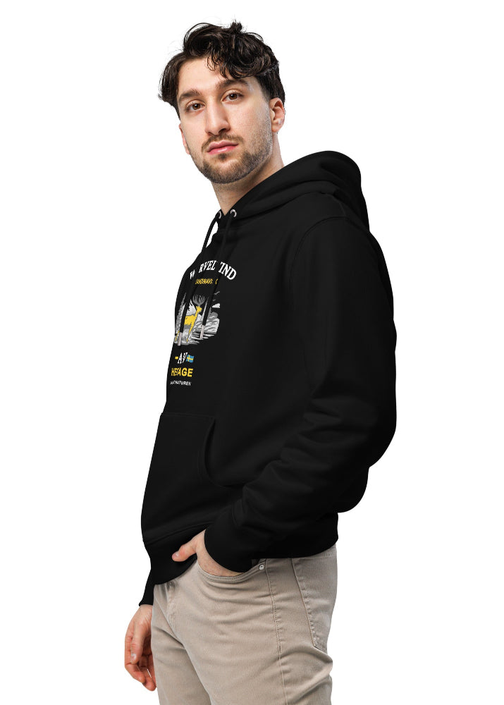 Svart ekologisk hoodie med Wirvelvind Skandinavisk