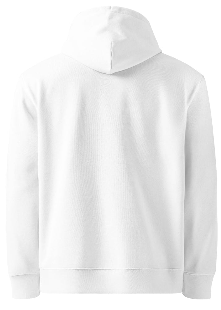 Vit ekologisk hoodie med Wirvelvind Skandinavisk Arv-tryck