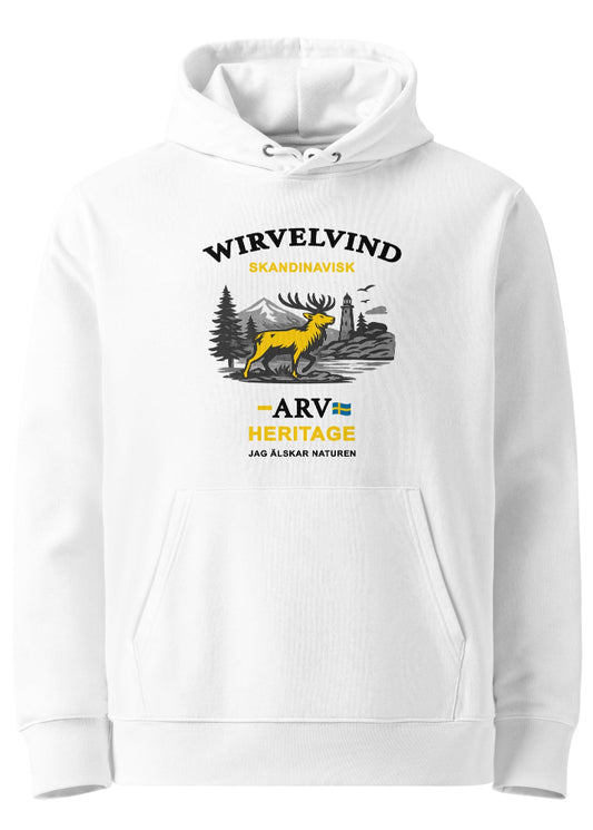Vit ekologisk hoodie med Wirvelvind Skandinavisk Arv-tryck
