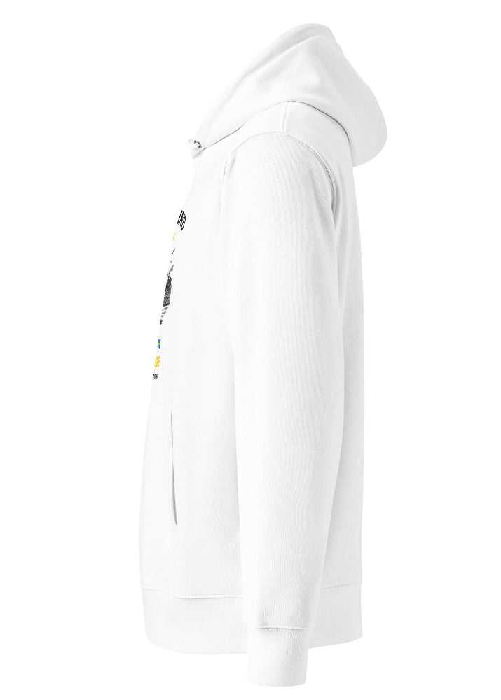 Vit ekologisk hoodie med Wirvelvind Skandinavisk Arv-tryck