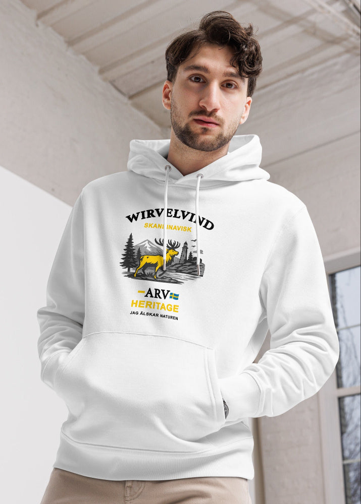Vit ekologisk hoodie med Wirvelvind Skandinavisk Arv-tryck