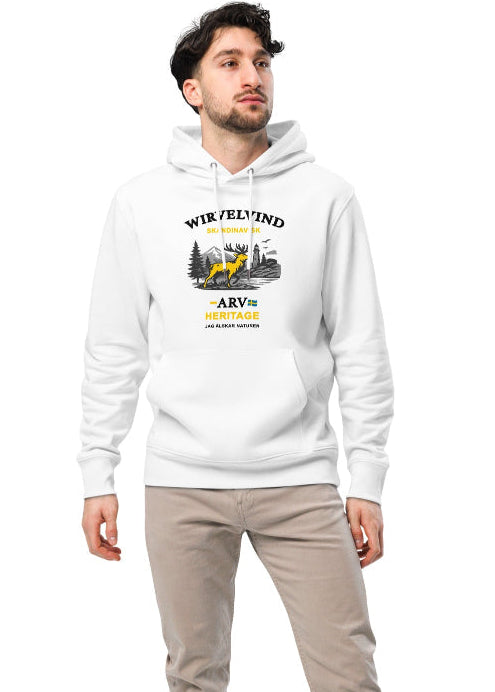 Vit ekologisk hoodie med Wirvelvind Skandinavisk Arv-tryck
