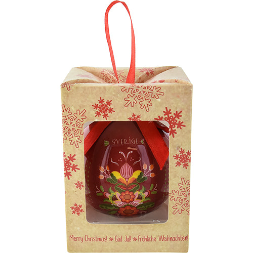 Julgranskula 75 mm med kurbitsblommor och dalahäst – rött satinband