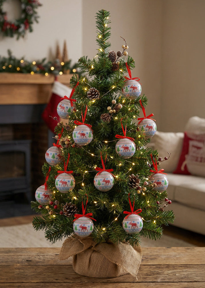 Julkula 75 mm – nordiskt stickmönster med älgar och rött upphängningsband