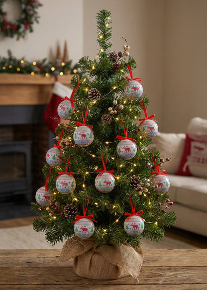 Julkula 75 mm – nordiskt stickmönster med älgar och rött upphängningsband