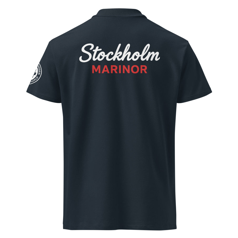 Marinblått herr poloshirt med Stockholm Mariner tryck på ryggen