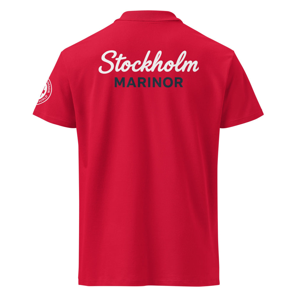 Rött herr poloshirt med Stockholm Mariner tryck på ryggen