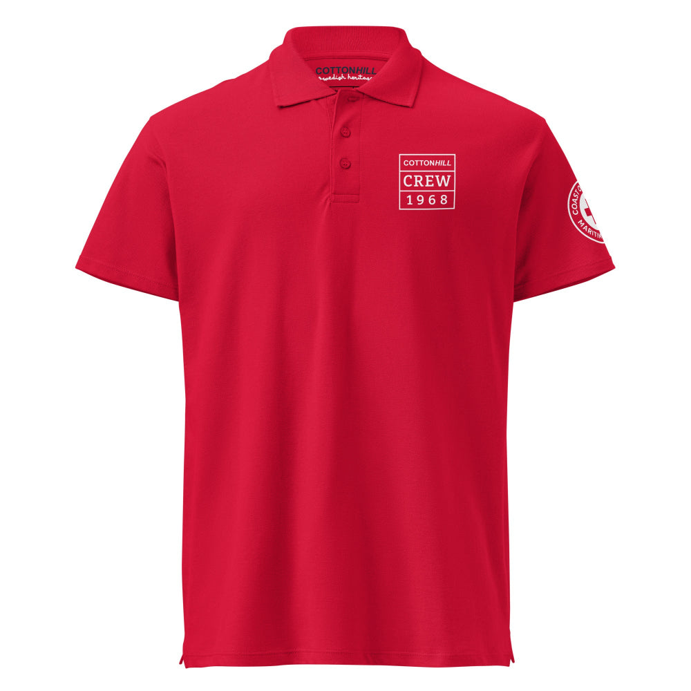 Rött herr poloshirt i premium piké med Cottonhill Crew 1968 tryck fram