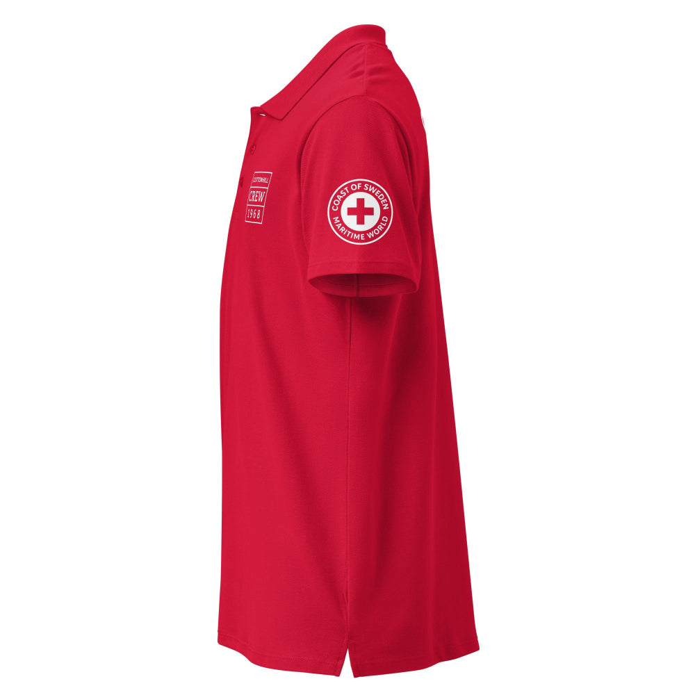 Rött herr poloshirt med marint Coast of Sweden-emblem på ärmen