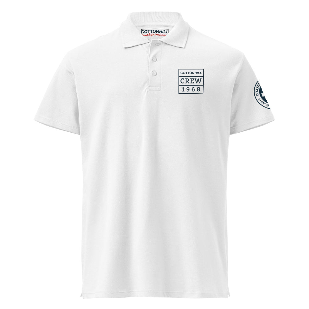 Vit herr poloshirt i premium piké med Cottonhill Crew 1968 tryck fram
