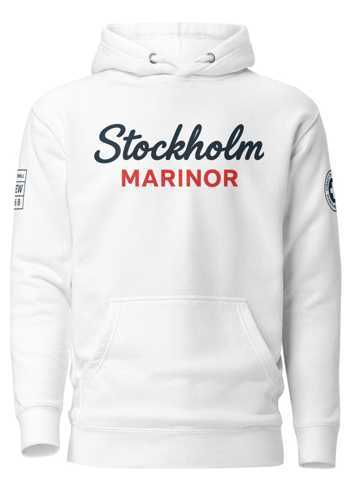 Vit hoodie från Cottonhill med maritimt Stockholm Marinor-tryck i skandinavisk stil
