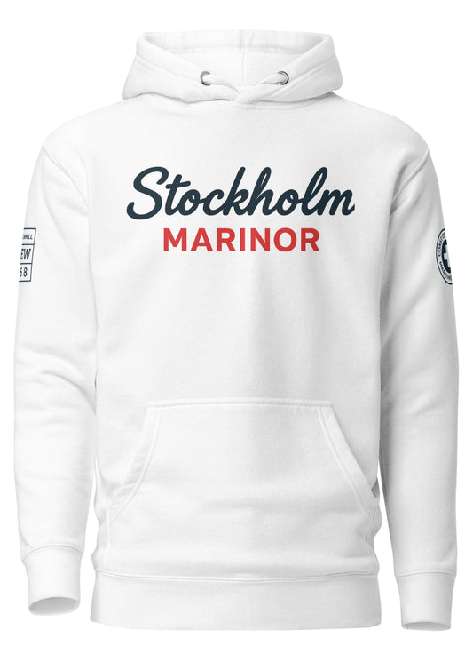 Vit hoodie från Cottonhill med maritimt Stockholm Marinor-tryck i skandinavisk stil