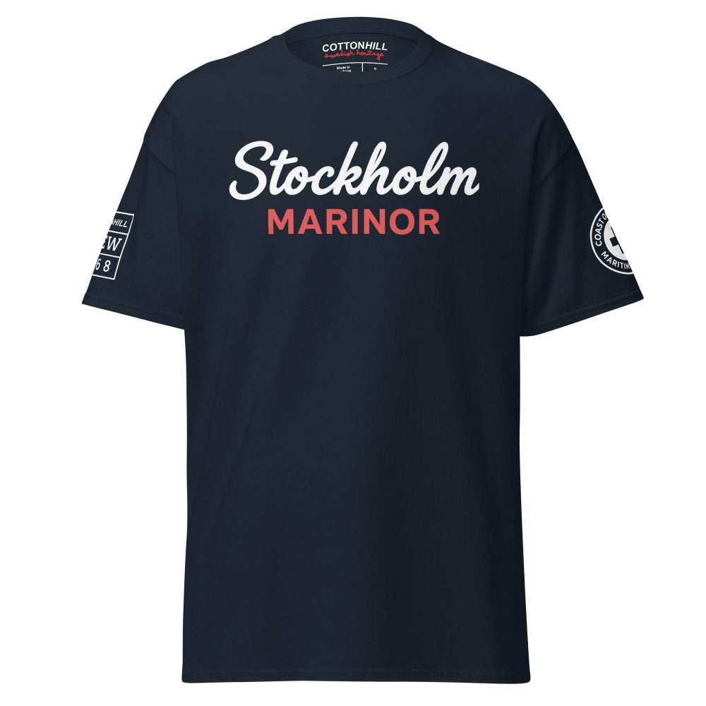 Marinblå t-shirt med trycket Stockholm Marinor framtill