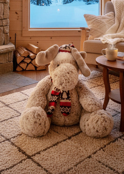 Vinterälg mjukisdjur 35 cm i mysigt skandinaviskt vardagsrum, perfekt som juldekoration och nordisk heminredning.